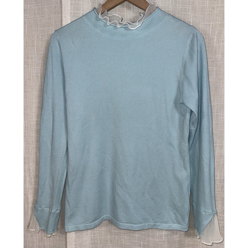 Vila Milano‎ Women's M Sweater Blouse Flute Sleeve Blue Lace Collar Wool Blend